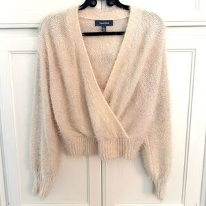 Modcloth Soft Fuzzy Faux Wrap V-Neck Sweater in Cream